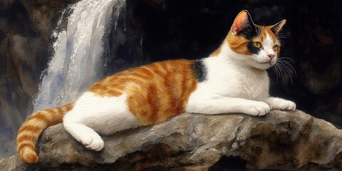 Wall Mural - Calico Cat Relaxing on Rock by Soothing Waterfall in Nature | Serene Feline in Tranquil Wild Setting | Orange Black White Cat in Artistic Outdoor Scene