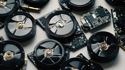 Poster - collection of portable hard drives arranged on a white backdrop generative ai