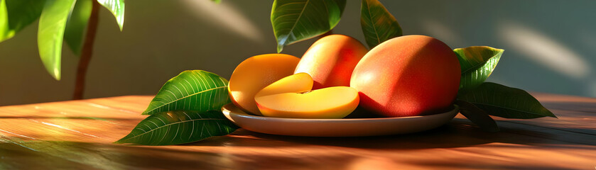 Wall Mural - Two ripe mangoes with one cut open on a plate next to leaves on a wooden table.