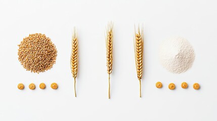 Poster - Whole Grain Wheat Flours and Ears Arranged on a White Background Generative AI
