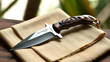 A sharp, silver knife with a wooden handle and a leather sheath on a wooden table.