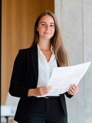 Wall Mural - Happy young business owner woman, female project manager, developer, company leader standing in a modern office, looking over the contract documents, smiling.