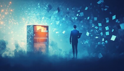 Poster - A Man in a Suit Stands Before a Data Center as Digital Data Emerges