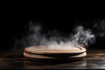 Poster - Wooden Round Platform with Smoke on Dark Background