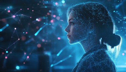 Aufkleber - A Woman's Profile with a Digital Network Overlay