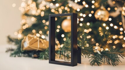 Black Metal Frame with Christmas Lights and Ornaments on Table