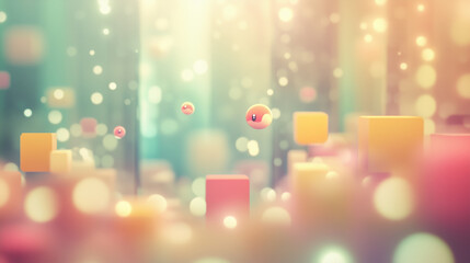 Wall Mural - Floating spheres and cubes in a soft pastel bokeh background
