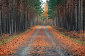 Forest road with fallen pine needles, autumn ambiance