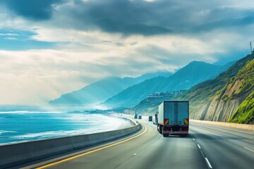 Transport truck speeding down a coastal highway, with a motion blur background enhancing the sense of movement, representing quick and reliable delivery services