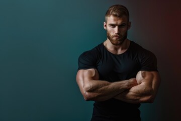 Wall Mural - smart and muscular man standing confidently, fit body highlighted against a solid color background, 