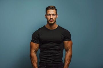 Wall Mural - cropped view of a smart, muscular man standing confidently, presenting with a fit body against a sol
