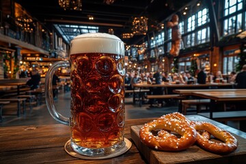 Wall Mural - Tall mug of German beer with foam head on rustic table in Bavarian beer hall with festive crowd.

