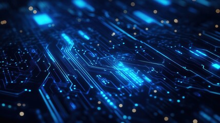 Poster - Glowing Blue Circuit Board with Abstract Lines and Bokeh Lights