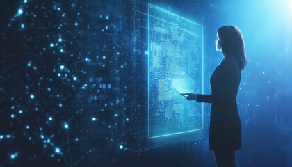 Poster - Woman Observing Digital Interface with Blue Glowing Light