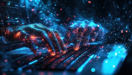 Poster - Abstract Digital Hands Typing on a Keyboard with Neon Lights
