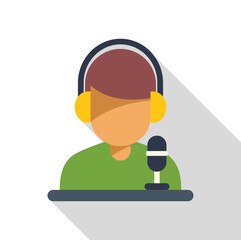 Poster - Radio host speaking on microphone and wearing headphones during a live broadcast