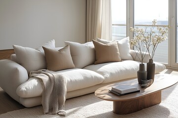 Stylish modern living room with a plush white sofa and elegant decor in natural light