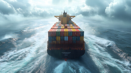 A large cargo ship loaded with a variety of colorful shipping containers, navigating the vast ocean under an expansive sky