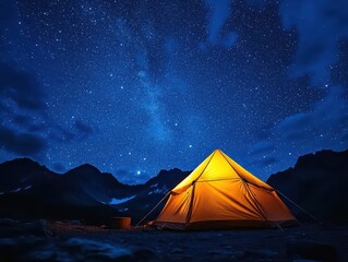 Canvas Print - Camping under the stars with vibrant night sky, soft lighting, cozy tent, serene atmosphere, dynamic composition