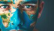 © Alienmonster Images - Close-up portrait of a face with world map painted across, symbolizing global connection and unity