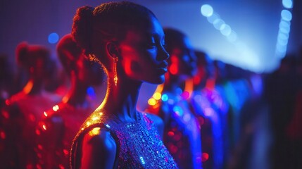 Poster - Fashion show backstage with vibrant lighting, sleek design, dynamic energy, modern fashion vibe