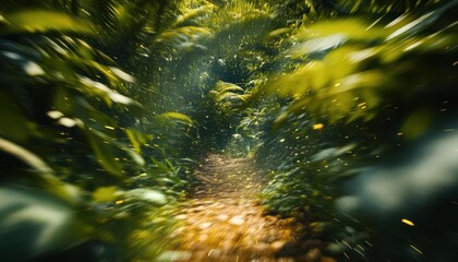 Wall Mural - Hiking through forest trails with vibrant greenery, soft natural lighting, dynamic movement, serene atmosphere