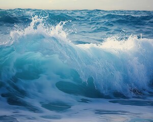 Wall Mural - Ocean waves crashing with vibrant blue hues, soft lighting, dynamic energy, coastal scene, photo-realism