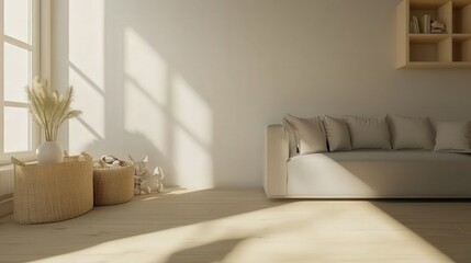 A living room with a white couch and two baskets