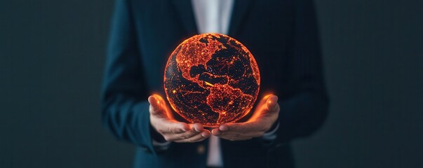 Wall Mural - A person in business attire holds a glowing globe, symbolizing innovation, technology, and the interconnectedness of the world.