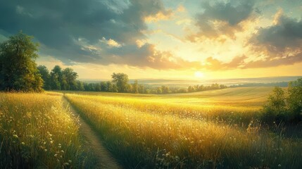 Wall Mural - Scenic countryside view with vibrant fields, soft natural lighting, dynamic energy, peaceful atmosphere, realism