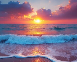 Wall Mural - Sunset on the beach with vibrant colors, soft lighting, serene atmosphere, ocean waves, dynamic sky