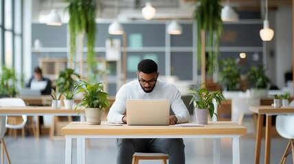 A focused man works on a laptop in a bright, plant-filled workspace, showcasing a blend of productivity and modern design.