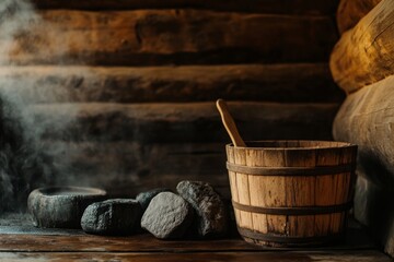 a bucket and a wooden bucket for water next to the stones: Emphasis on wooden and metal elements, steam rises above the stones, creating the atmosphere of a traditional Russian bathhouse