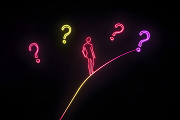 A dynamic 3D silhouette of a figure walking on a tightrope with floating question marks in a neon color scheme on a black background.