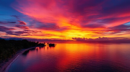 Wall Mural - stunning sunset over calm water with colorful clouds and serene shoreline.