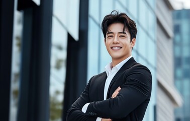 Confident man in business attire smiling outdoors with modern architecture background