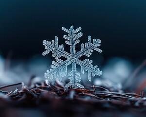 Poster - A stunning close-up of a delicate snowflake resting on pine needles, showcasing intricate crystalline patterns.