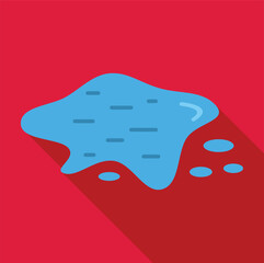 Poster - cartoon puddle of water spilling on a red surface, creating small droplets and casting a long shadow