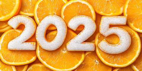 Poster - 2025 sign celebrating new year with fresh orange slices background