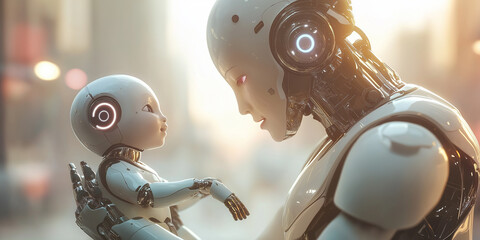 Poster - Robot holding baby robot showing artificial intelligence and motherhood