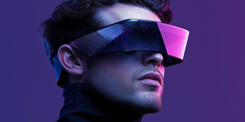 Poster - Man wearing futuristic virtual reality headset experiencing metaverse