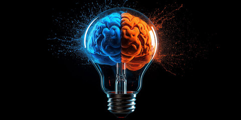 Poster - Creative colorful brain exploding inside a light bulb on black background
