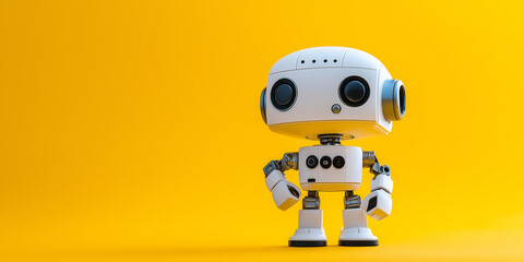 Poster - White friendly robot standing on yellow background: artificial intelligence and robotics concept