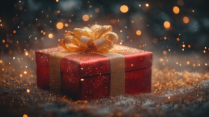 Poster - Red christmas gift box with golden ribbon on glitter background with sparkling lights