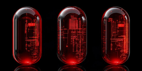Poster - Three red glowing capsules showing futuristic pcb and electronic circuit design