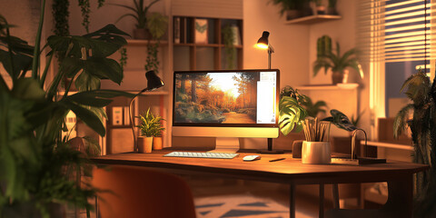 Aufkleber - Cozy home office setup with plants and warm lighting in the evening