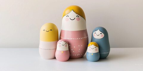 Wall Mural - Five cute matryoshka dolls smiling and standing on white surface