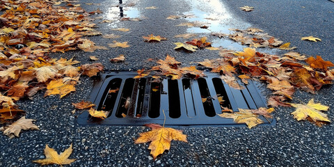 Poster - Fallen autumn leaves clogging a storm drain on wet asphalt