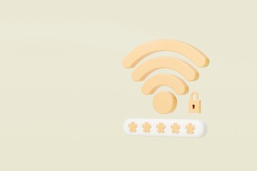 Poster - 3d Wifi password protection icon. Minimal wireless network password protection with padlock and passcode icon. Security protection privacy password secure personal concept. Network safety. 3d render.