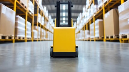 A bright, organized warehouse features a yellow electric pallet jack in the foreground, with neatly stacked boxes on shelves and a polished concrete floor, highlighting effecticiency in logistics.